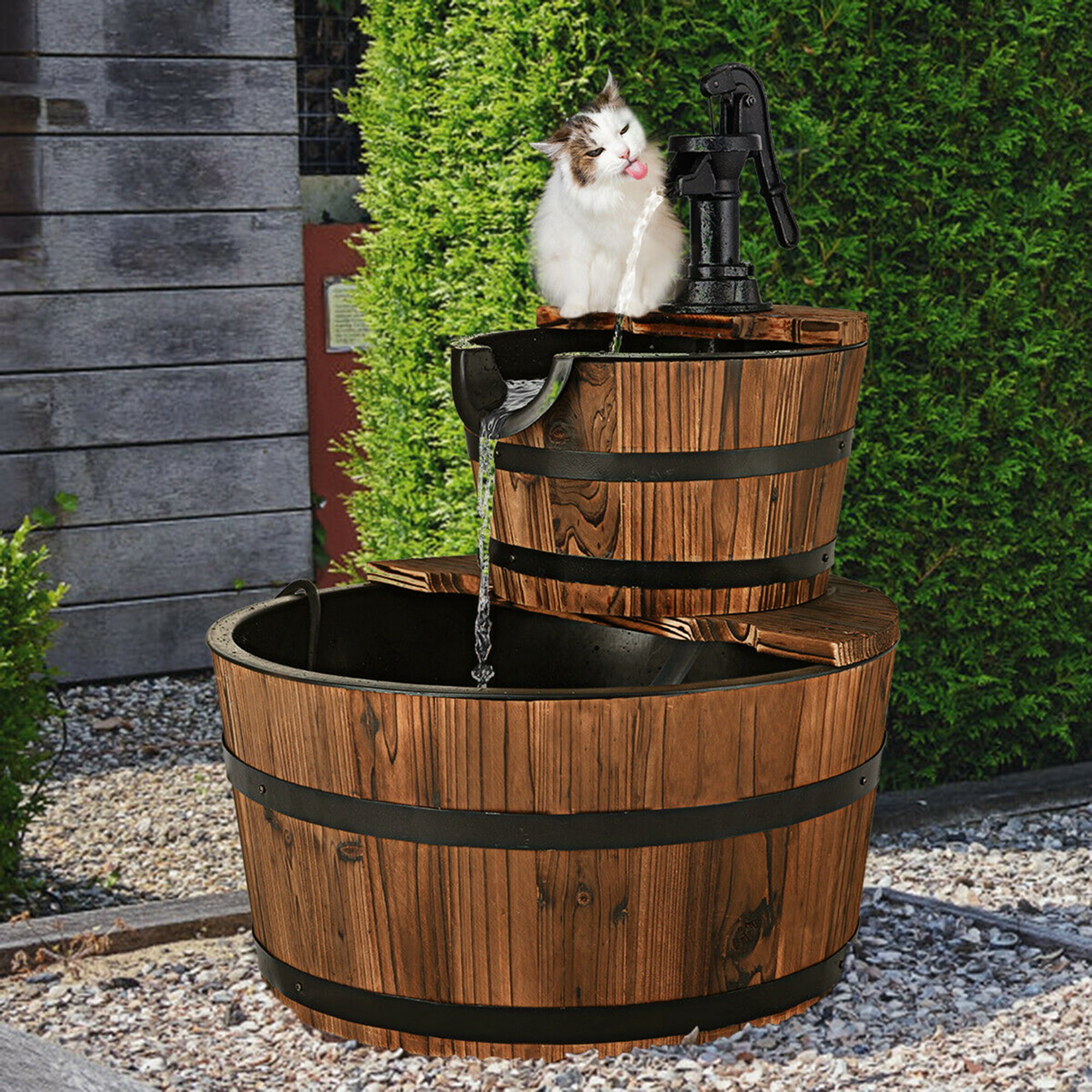 Costway 2 Tier Barrel Waterfall Fountain Barrel Wooden Water Fountain Pump Outdoor Garden