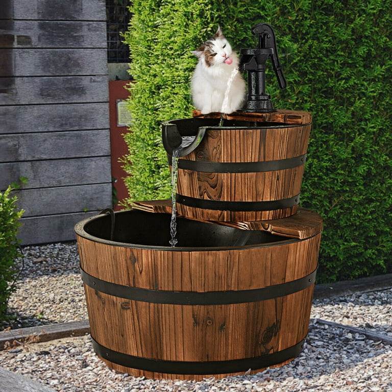 Costway 2-Tier Wooden Barrel Water Fountain with Pump photo 4
