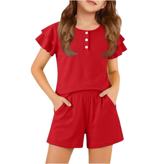 Grblisyd Girls Outfits Size 10-12 Kids Solid Color Ruffle Sleeve Button Down T-shirt and Elastic Waist Shorts Sets with Pockets