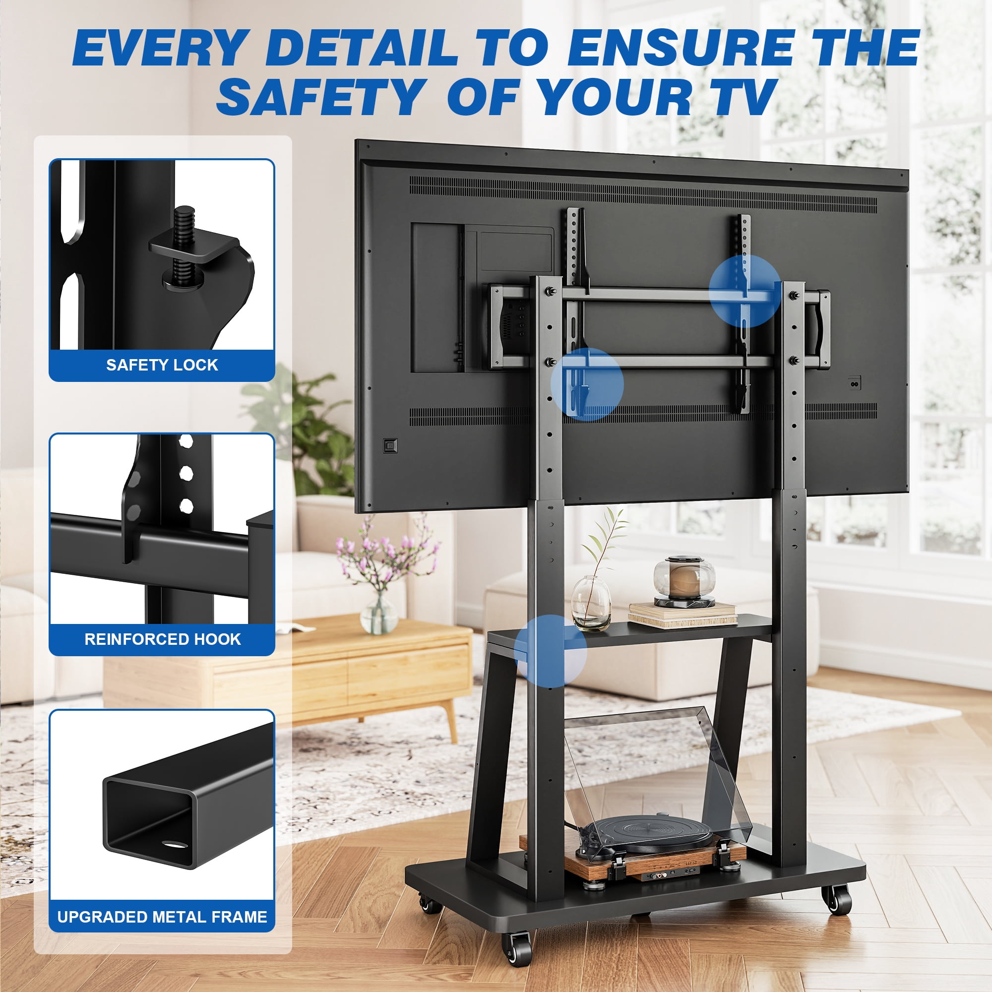 RTVR Rolling TV Cart Stand on Wheels for 40-86 inch TVs with Storage Shelves, Reinforced Wide Base up to 200lbs, Black