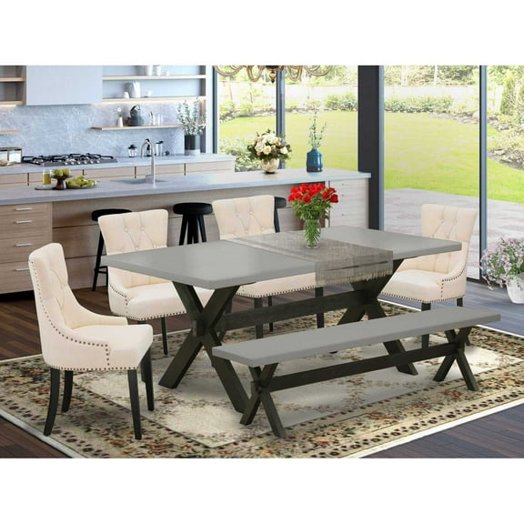 East West Furniture X697FR102-6 6-Pc Dinette Set - 4 Dining Chairs, a Small Bench Cement Top and 1 Modern Cement Dining Table Top with Button Tufted Chair Back - Wire Brushed Black Finish