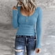 thumbnail image 2 of Prolriy Tops de verano para mujer 2024, camisetas Henley de manga larga para mujer, camisetas ajustadas con botones y cuello redondo, camisetas de punto acanalado, camisetas para mujer, azul cielo M, 2 of 7