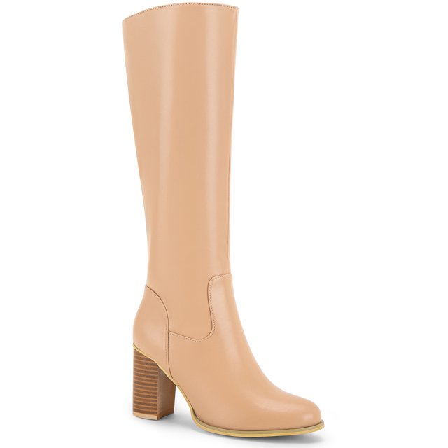 BLISSFUL STEP Women's Boots Knee High Chunky Heel Round Toe Side Zipper Faux Leather Dress Boots Nude 7