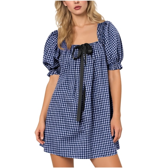 gakvbuo Summer Dress For Women Mini Dress T-Shirt Dress Women's Short Sleeve Bandage Dress Plaid Flower Sleeve Short Skirt