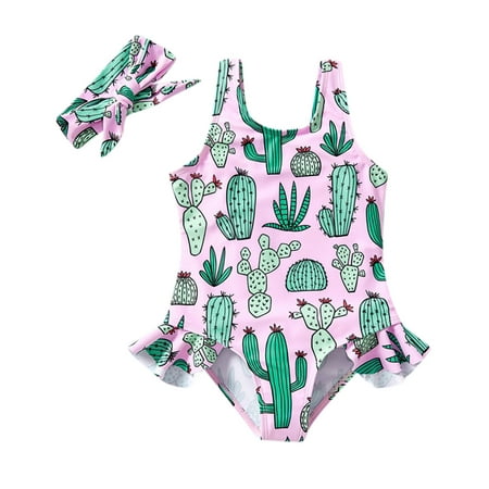 

Kids Swimsuit Ruffle Trim Girls Sleeveless Cute Cactus Pink Printed With Headband Swimwear Toddler Baby All Season Leisure Beach Holiday Children s Day Gift Tankini Bathing Suit