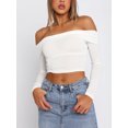 thumbnail image 2 of xiaxaixu Women's Off-Shoulder Cropped Tops Solid Color Long Sleeve Ruched Show Navel T-Shirts, 2 of 7