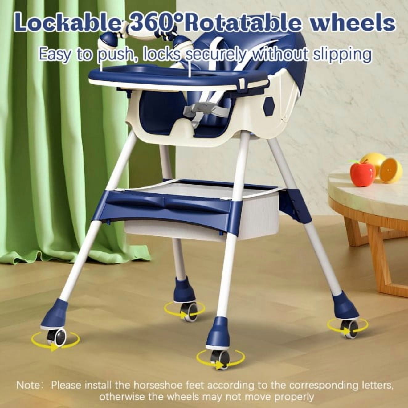 LHUAI, Foldable Baby High Chair, 4 in 1 Convertible High Chairs, With 5-Point Safety Harness, Adjustable Dining Tray & Backrest & Height, Easy To Clean Surface, For Babies And Toddlers, Blue