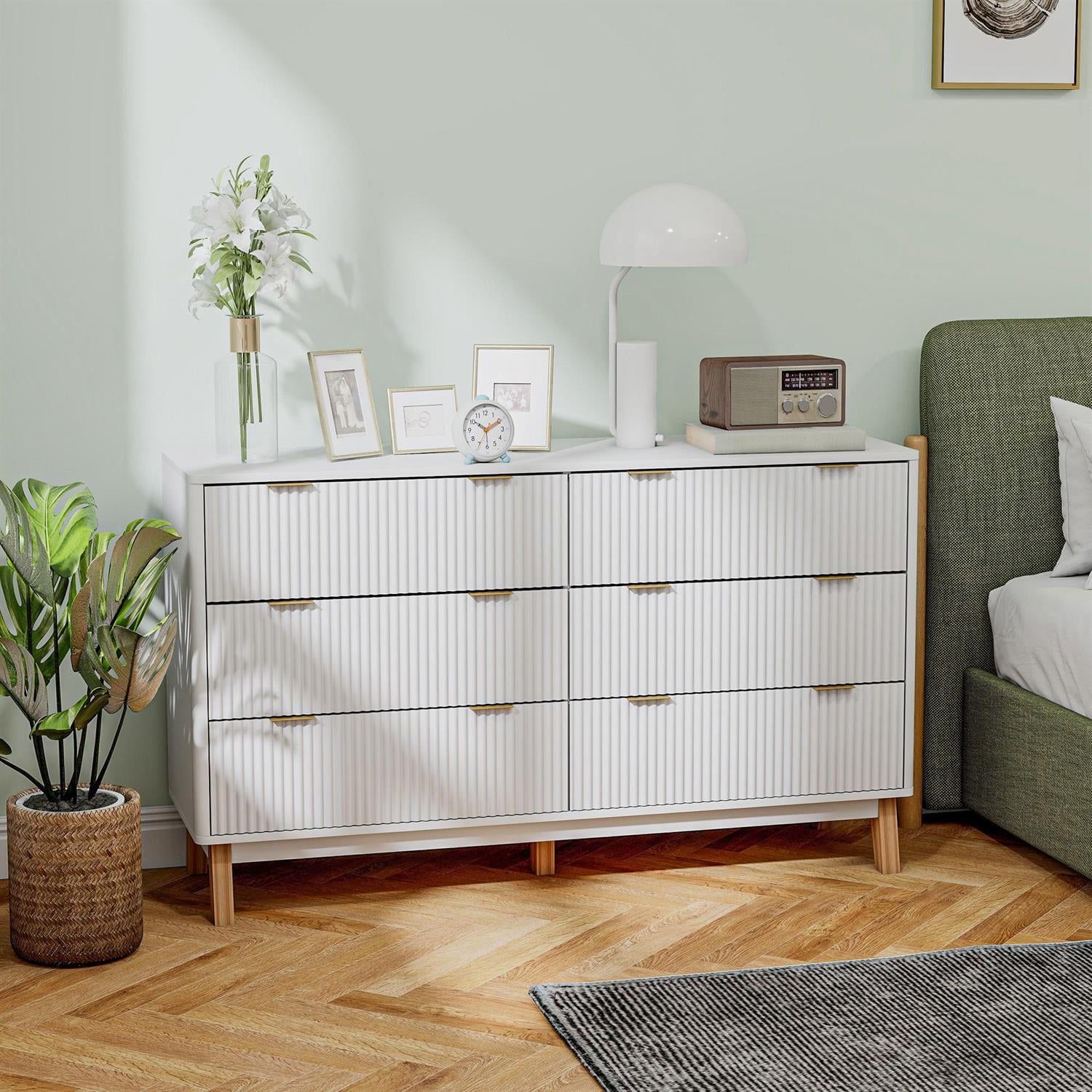 Demi Bonn 6 Drawer Dresser for Bedrooms with Wood Legs and Gold Pulls, Storage Fluted Chest, White