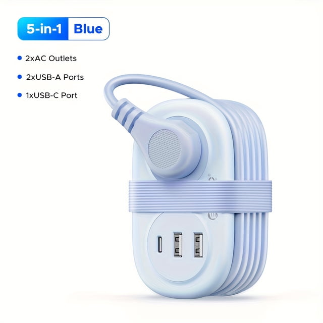 Portable Power Strip with Surge & -Controlled Outlets - Compact Travel Plug Adapter, 2 AC Outlets & 3-Port USB (1 USB-C), Overvoltage/Overcurrent/Overcharge,