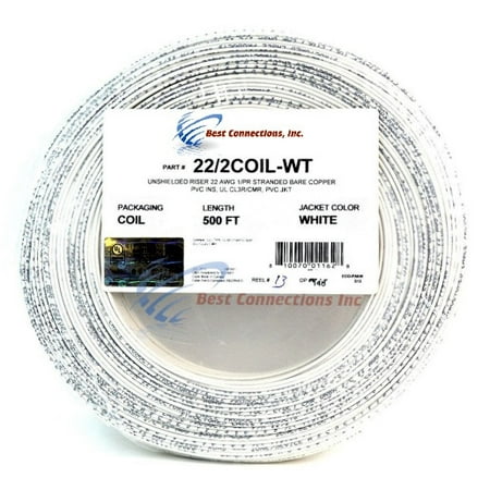Alarm Wire White 22 Gauge Copper Stranded 2 Conductor 500' Coil Pack UL (Best Wire For Vape Coils)