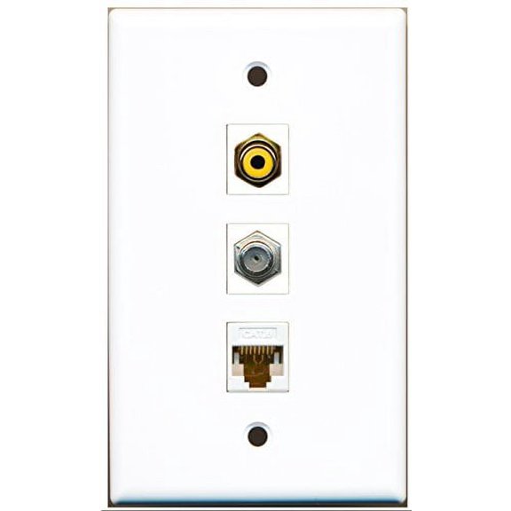 RiteAV - 1 Port RCA Yellow and 1 Port Coax Cable TV- F-Type and 1 Port Cat6 Ethernet White Wall Plate