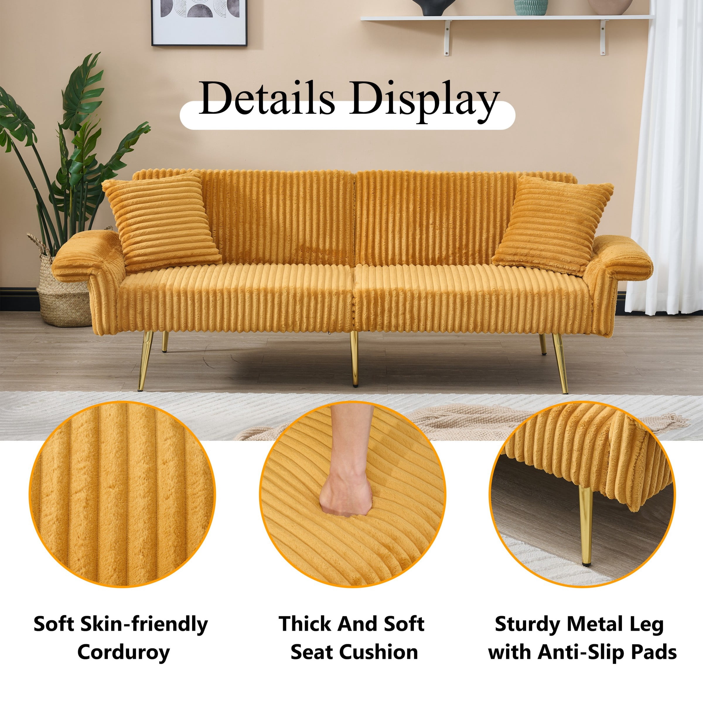 Jopath 79 inch Modern Convertible Sofa Bed,Corduroy Upholstered Futon Couch with Adjustable Armrests for Small Spaces,Living Room,Yellow02