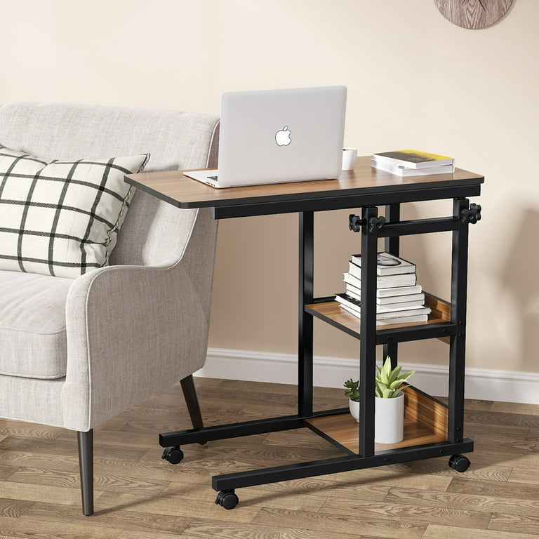TribeSigns Overbed Bedside C Table Small Computer Desk Sofa Table with Storage Shelves Mobile Couch Table Tray Snack TV Laptop Table with Wheels