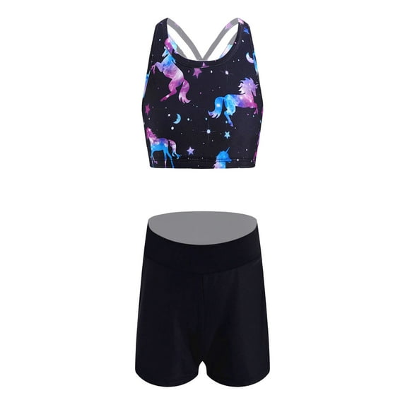 TiaoBug Girls Active Tracksuits 2 Piece Dance Sport Outfits Print Top and Booty Short Sets Gymnastics Yoga Swimsuit