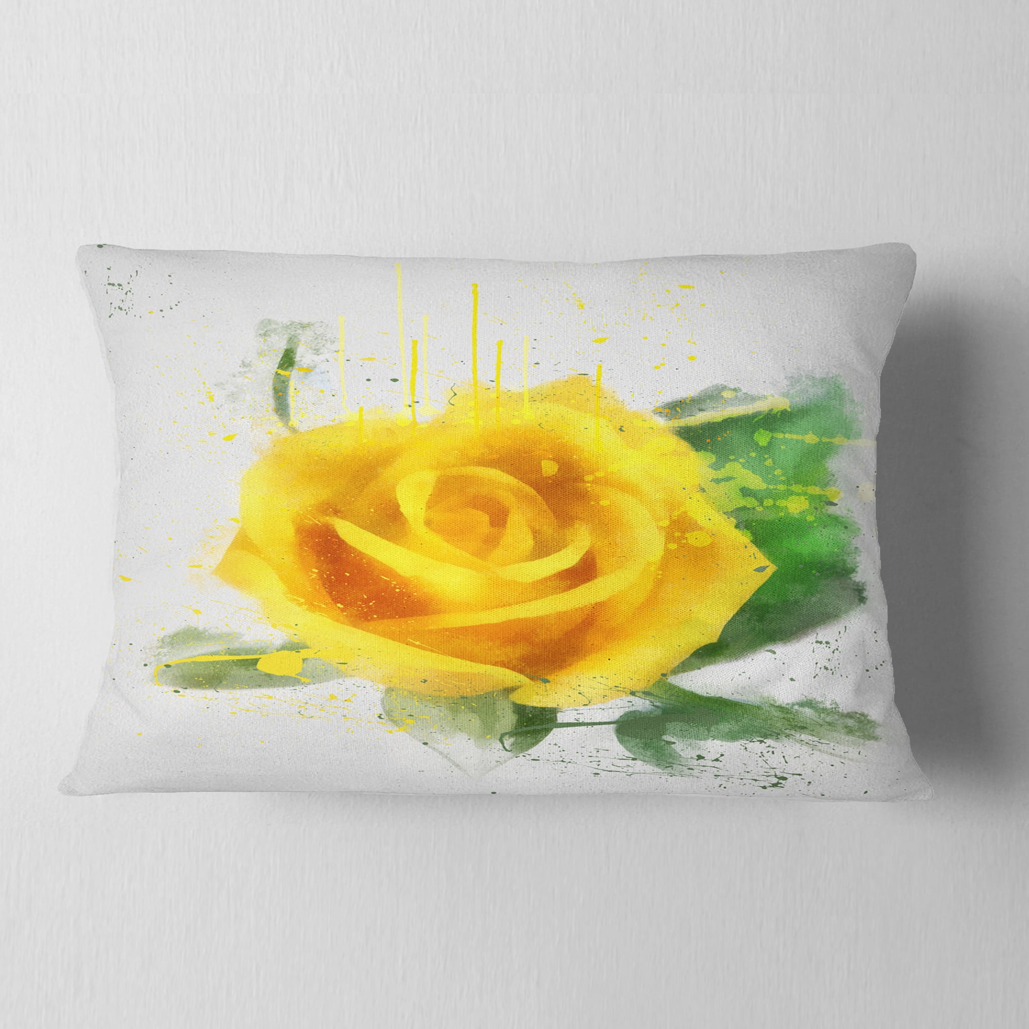 Designart Yellow Rose with Green Leaves Sketch - Floral Throw Pillow - 12x20
