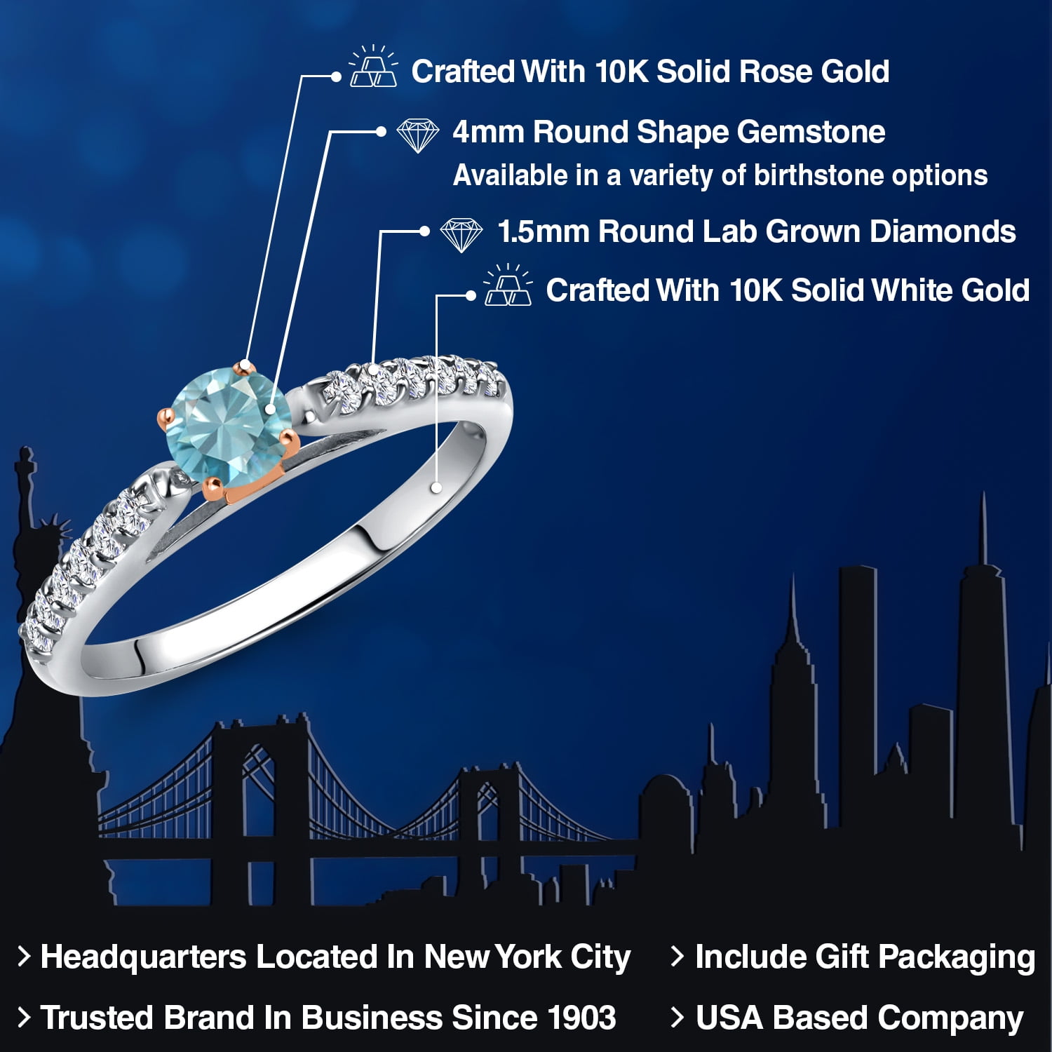 Gem Stone King 10K Two Tone Gold Blue Zircon and Lab Grown Diamond Engagement Ring for Women | 0.68 Cttw | Round 4MM | Gemstone Birthstone | Size 6