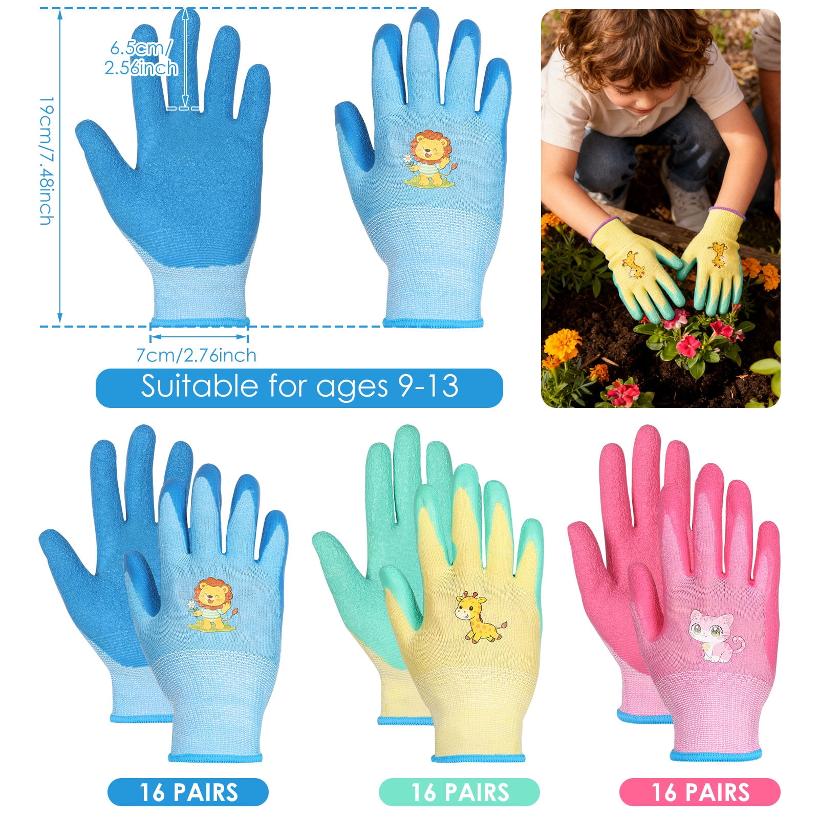 TMWEFUSC 48 Pairs Kids Gardening Gloves Non Slip Children Yard Work Glove Latex Coated Garden Hand Covers for Girls Boys Toddlers Outdoor, L(Suitable for Aged 9-13)