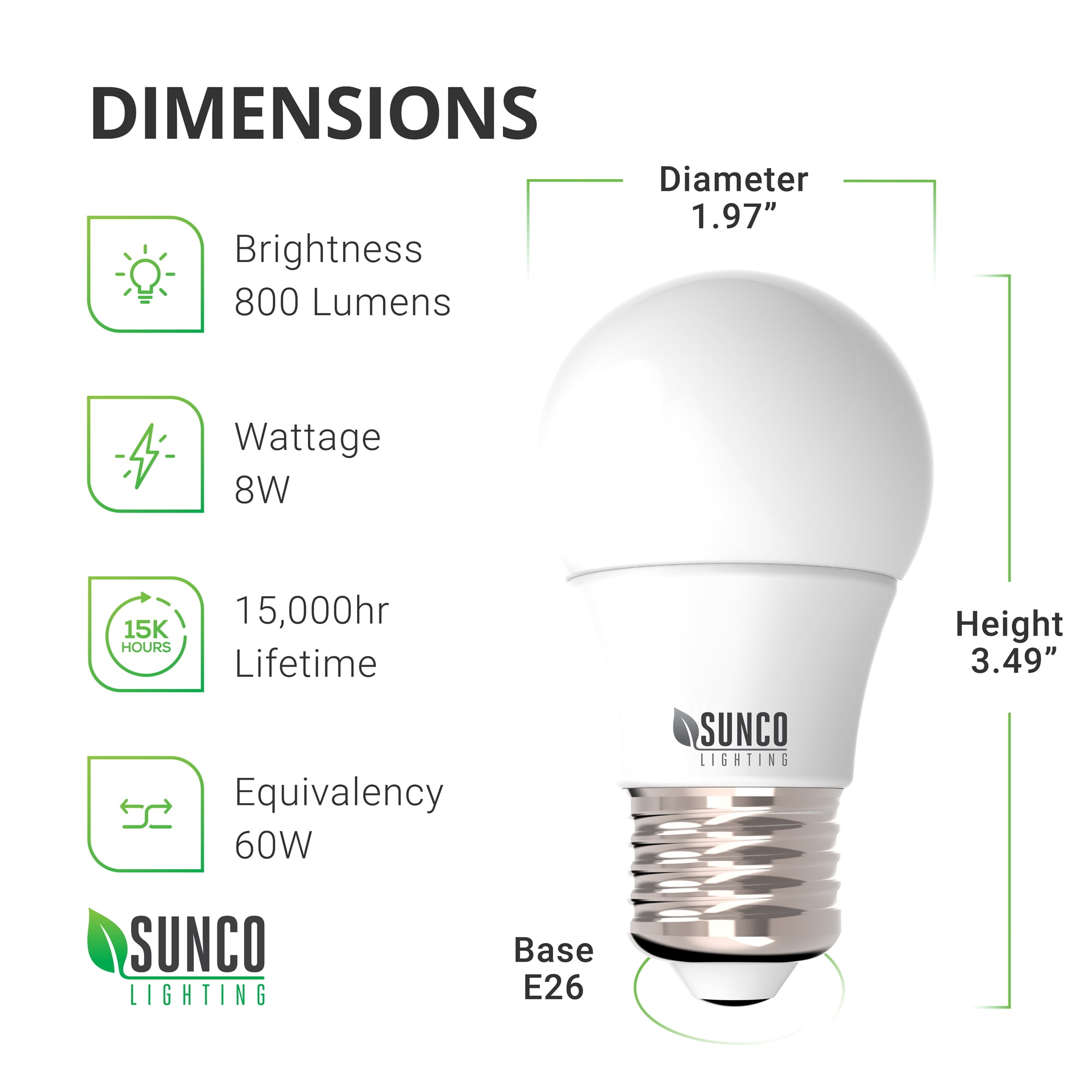 Sunco 10 Pack A15 LED Ceiling Fan Light Bulbs E26 Medium Base CRI92 4000K Cool White 8W Equivalent 60W, 800 Lumens, Dimmable Waterproof Super Bright Appliance Indoor Outdoor UL