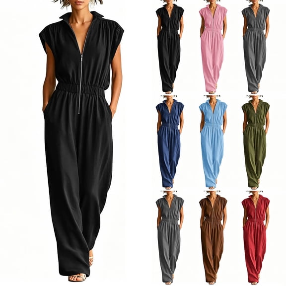 Womens V Neck Casual Dressy Jumpsuits Smocked Zip Up Sleeveless Wide Leg Jumpsuit Summer Teacher Work Outfit Black XL(XL)