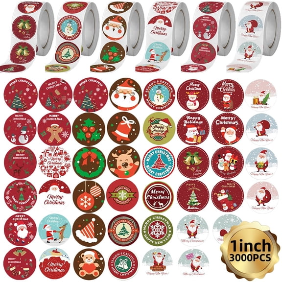 Christmas Stickers Roll, 1-Inch Self-Adhesive Envelope & Round Stickers for Xmas Party Supplies and Holiday Greetings, 3000 Pcs