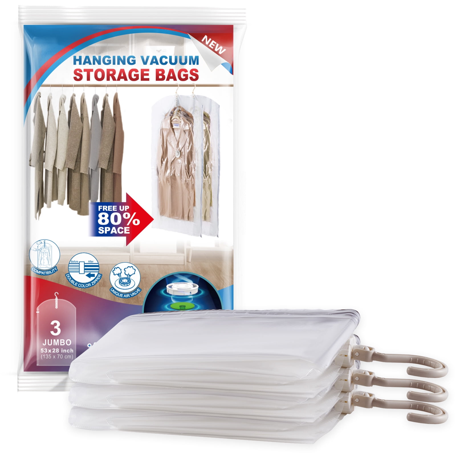 TAILI Hanging Vacuum Sealer Storage Space Saver Bags for Clothing, Suits and Jackets, Closet Organizers, 3 Pack Jumbo Clear