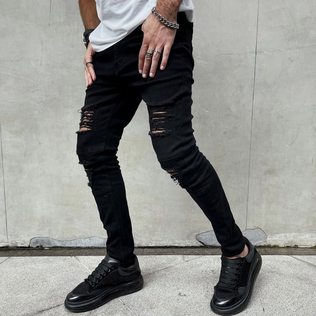 Pantalones vaqueros largos para hombre, vaqueros rotos, con cremallera, rectos, lavados, elásticos, tendencia para exteriores, pantalones vaqueros para hombre.