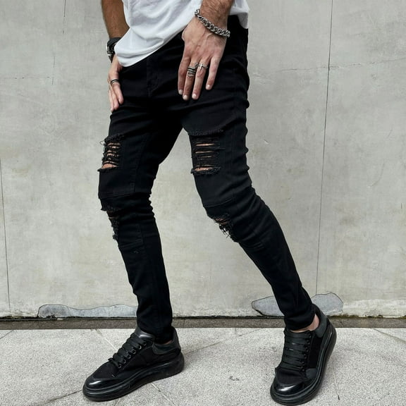 ZQUUVOU Men's Distressed Destroyed Slim Fit Jeans Solid Color Zipper Elastic Denim Trousers Black