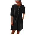 thumbnail image 1 of Birdeem Womens Spring and Summer Round Neck Solid Cotton and Linen Button Casual Pocket Short Sleeved Dress, 1 of 8