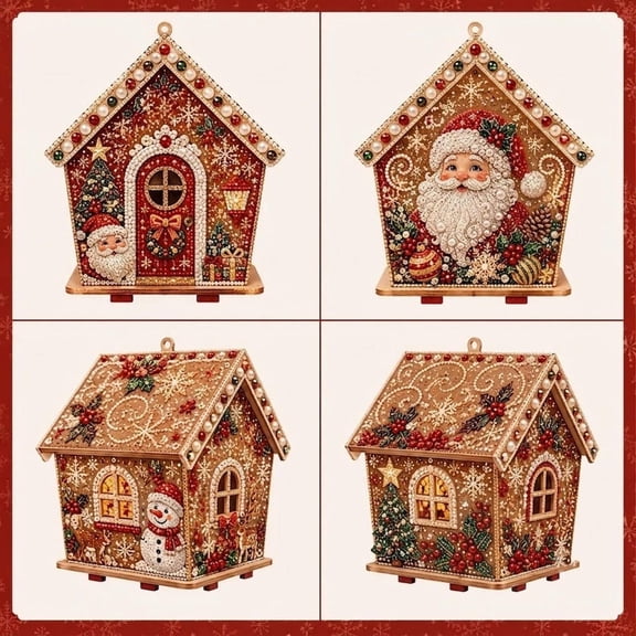 Christmas House Bead Diamond Art Ornament Set, Pearl Beaded Craft Decor Kit, Festive Wooden Cabin Tabletop Decoration, DIY Handmade Holiday Gift for Xmas Home Decor