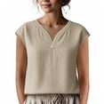 thumbnail image 2 of Conairie Women Linen Shirts Regular Fit Short Sleeve V Neck Solid Shirt Comfortable Soft Basic Work Tee Vacation Clothes Beige L, 2 of 5