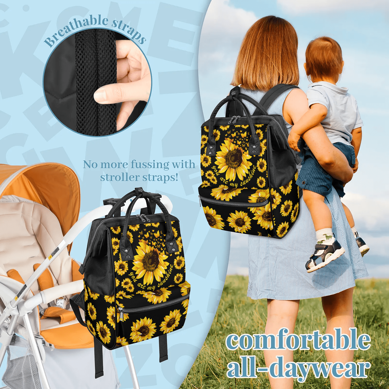 Sunflower Floral Mommy Backpack,Large Capacity Diaper Bag with Multi-Pockets,Water-Resistant Adjustable Straps Diaper Bag for Moms,Women,Travel 11x7x15.7 Inch