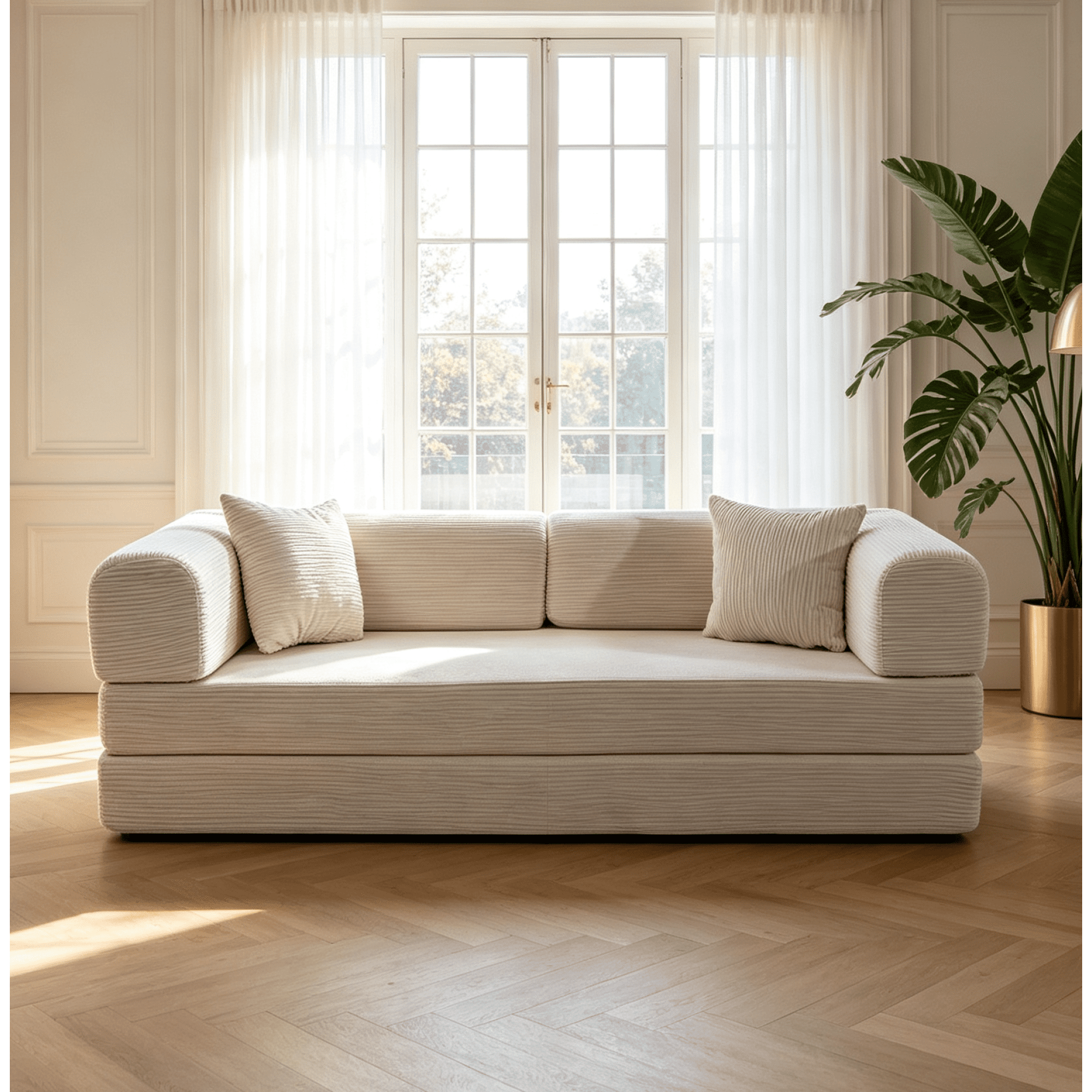HOQBN Convertible Sofa Bed, Corduroy Fold Out Futon Sleeper Mattress with Pillows, Boneless Folding Floor Couch for Living Room Bedroom Beige