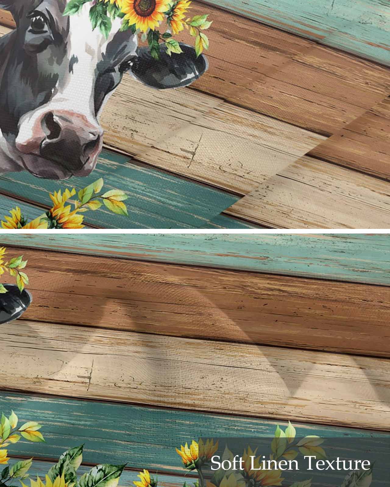 Sunflower Cow Kitchen Valances for Windows Farmhouse Linen Window Valance Curtain for Living Room Window Treatment Rustic Teal Brown Farmhouse Wood Grain Valance Rod Pocket Topper Drape, 60 x 18 Inch