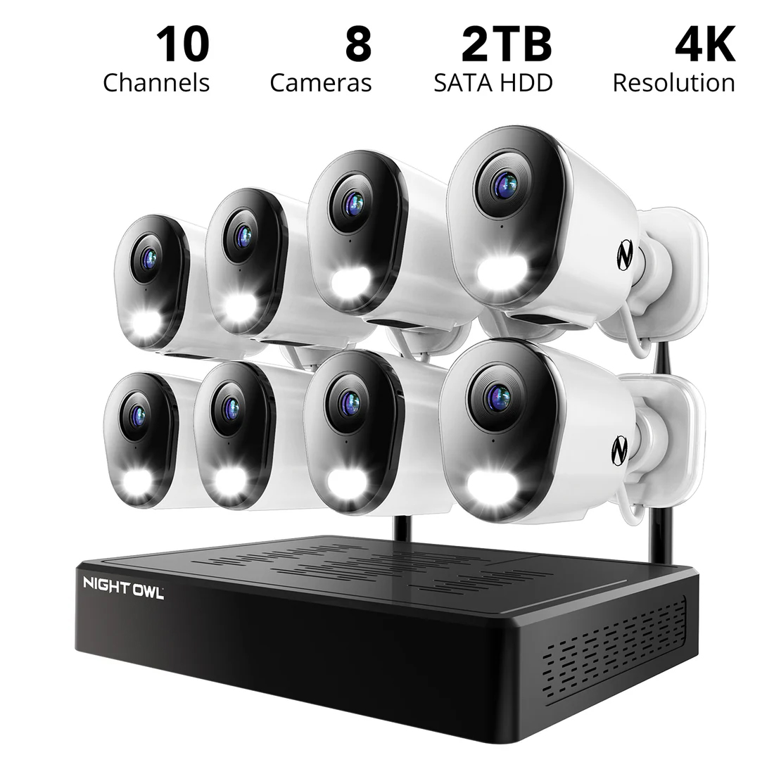 Night Owl 10 Channel 4K Wi-Fi NVR Security System with 2TB Hard Drive and 8 Wi-Fi IP 4K Deterrence Cameras with 2-Way Audio