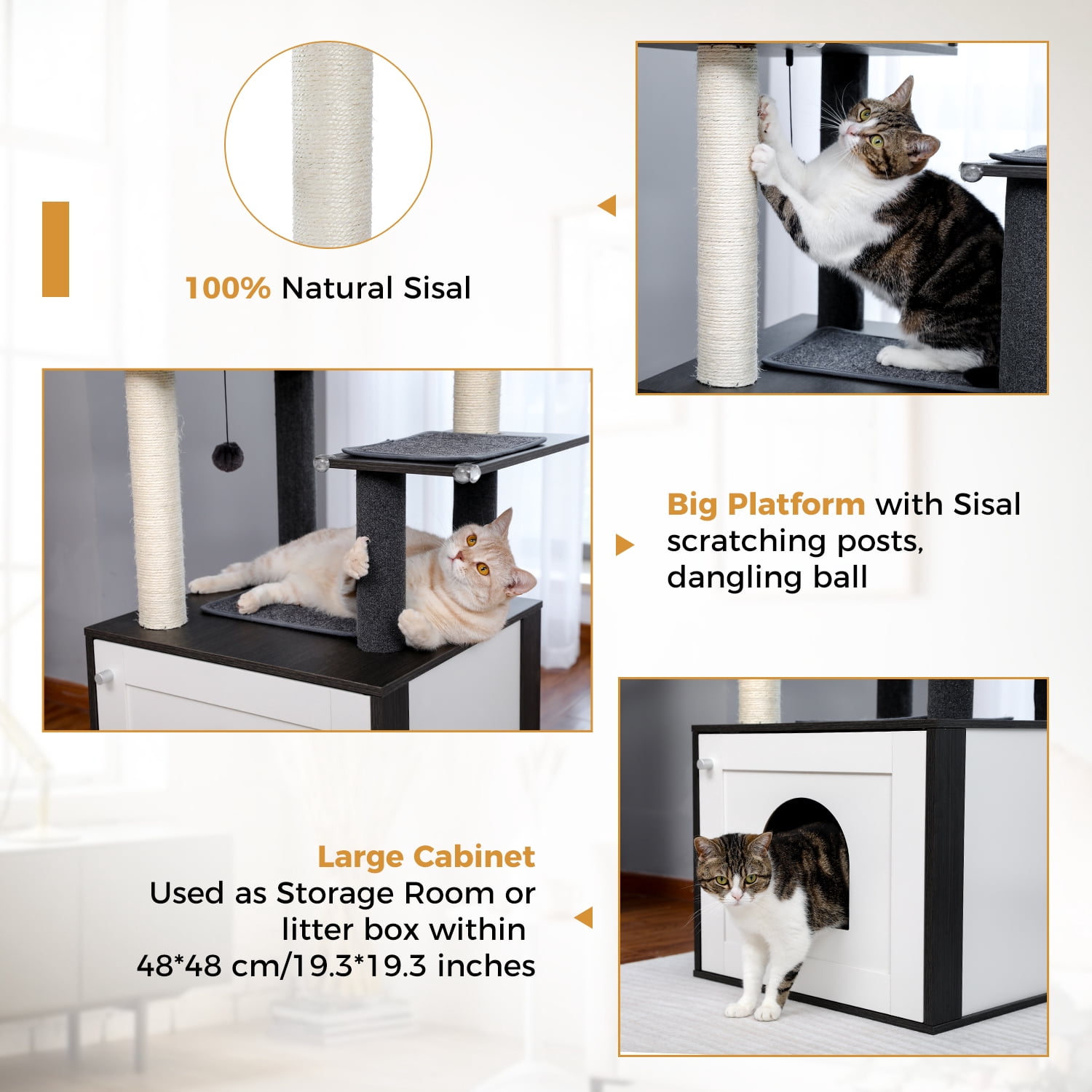 Pefilos 56" Modern Wood Cat Tree for Indoor with Litter Box Enclosure and Cat Condo, Large Cat Tree Tower, Black