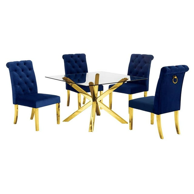 Ensemble de Salle à Manger 5pc en Verre Clair Carré 47 "x 47" en Acier Inoxydable Doré