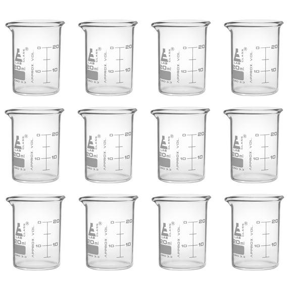 12PK Beakers, 20ml - ASTM - Low Form with Spout - Dual Scale, White Graduations - Borosilicate 3.3 Glass - Eisco Labs