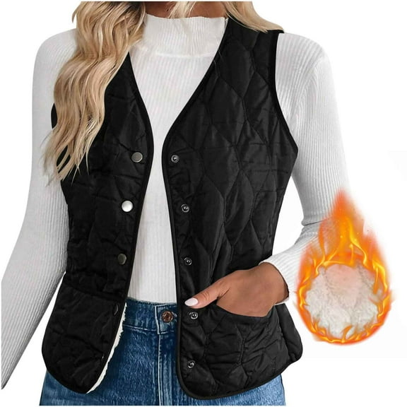 Fnooota Womens Thermal Vests, Buttons Warm Lightweight Sleeveless Winter Outerwear Black Size M