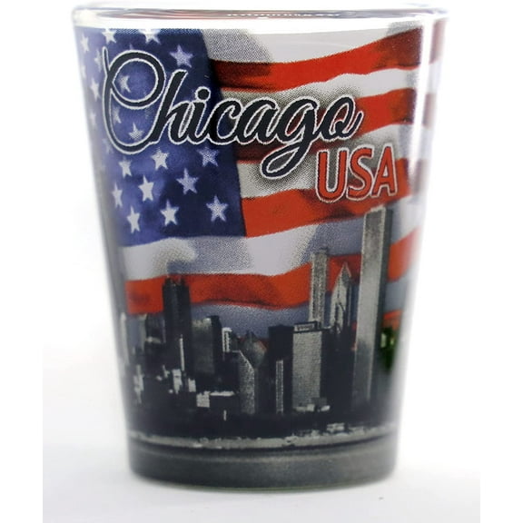 Chicago Illinois USA Flag Words Skyline Shot Glass