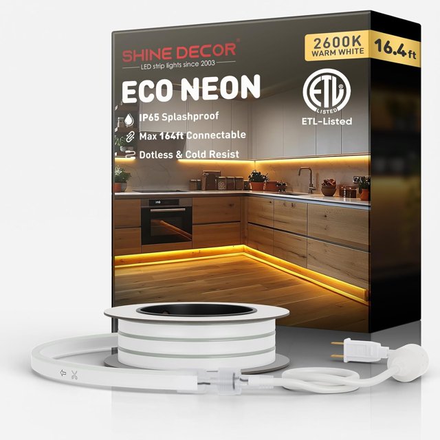 REJODA-LED Rope Lights AC 120V, Connectable & Cuttable Dotless 120LEDs/M Eco Neon Strip Lighting, ETL IP65 Waterproof & Weather-Resistant for Home Commercial, 8x16mm, 2600K Warm White, 16.4FT