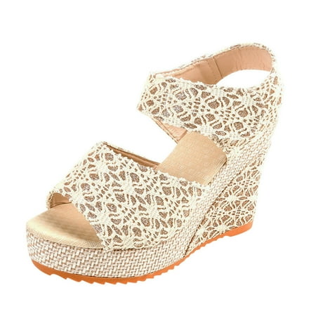 Women s Ladies Platform Wedges Sandals for Women Wide Width Heel Sandals Floral Flower Pearl Sandals for Women Lace-Up Shoes Footwear