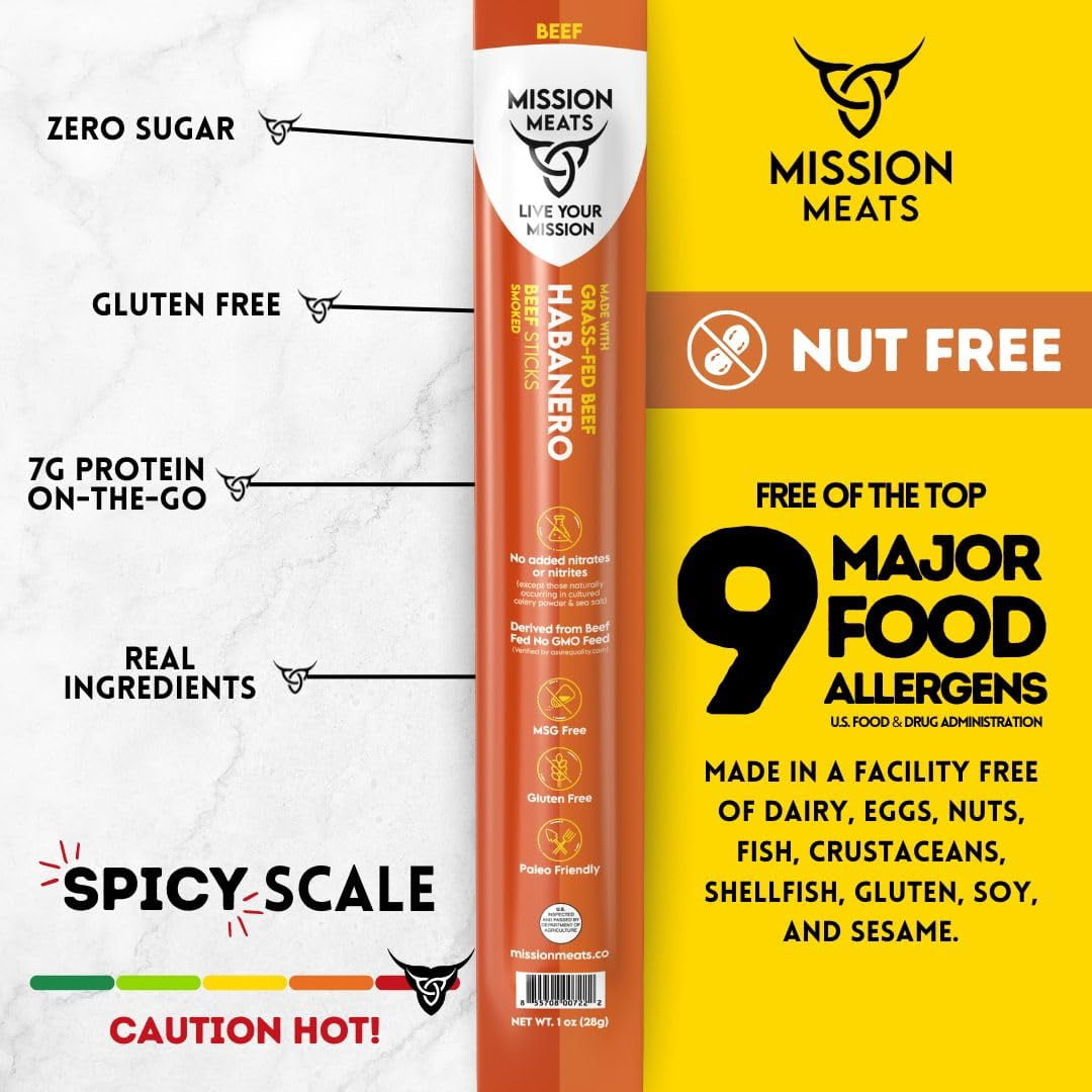 Mission Meats Beef Sticks – 100% Grass Fed & Pasture Raised, Sugar Free, Individually Wrapped Healthy Snacks, Whole 30 & Paleo Friendly, Habanero Smoked 1oz (12ct)