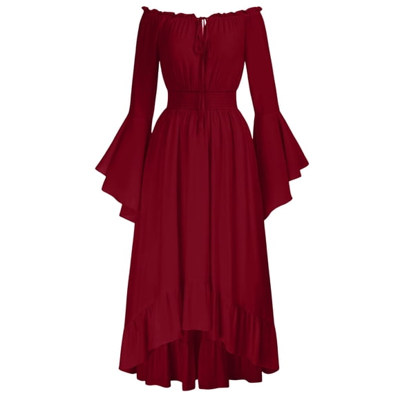 Blmnix Off The Shoulder Dress for Women Peplum A Line Dresses Vintage Dress Under Dresses Tea-Length Red Boat Neck Long Sleeve Summer Dress,XL