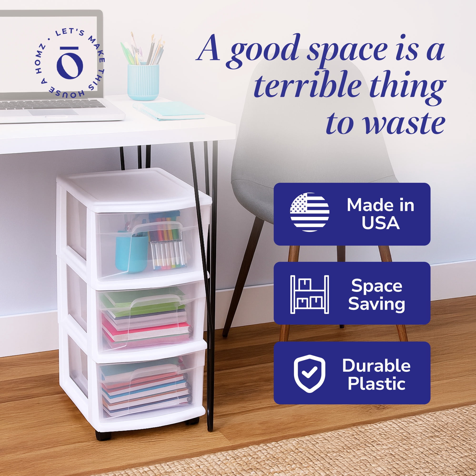 Homz Clear Plastic 3 Drawer Medium Home Storage Tower w/Wheels (2 Pack)