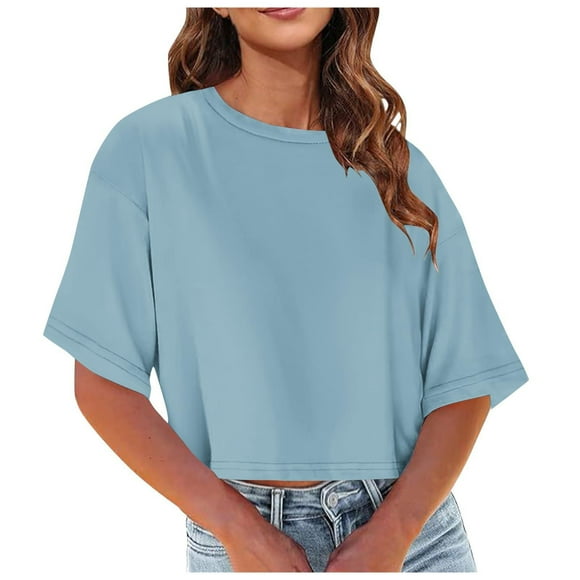 Fartey Womens Oversized Half Sleeve Cropped T Shirts Casual Loose Drop Shoulder T Shirts Summer Short Sleeve Yoga Shirts Fashion Solid Workout Blouses Light Blue S-2XL