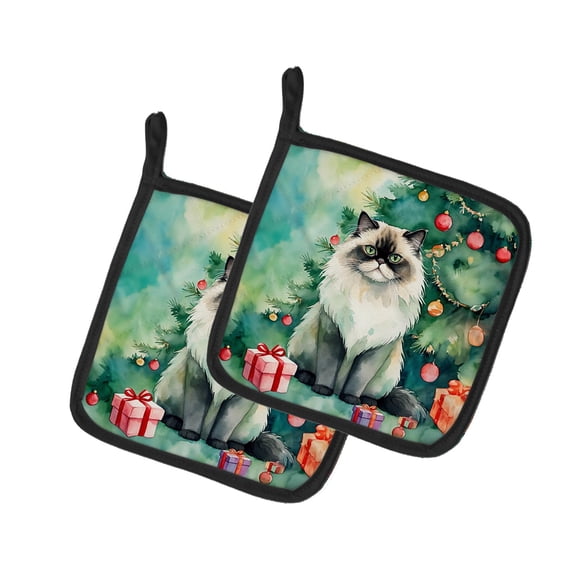 Caroline's Treasures Himalayan Cat by The Christmas Tree Pair of Pot Holders Kitchen Heat Resistant Pot Holders Sets Oven Hot Pads for Cooking Baking BBQ, 7 1/2 x 7 1/2