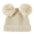 thumbnail image 6 of SYMOID Ribbed Cuffed Knit Cotton Beanie - Unisex Double Pom Pom Warm Winter Hat for Kids & Adults, Khaki,Size Free Size, 6 of 6