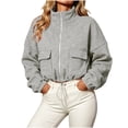 thumbnail image 2 of Yourumao Oversized Cropped Zip Up Jacket for Women Long Sleeve Stand Collar Double Cargo Pocket Drawstring Hem Soft Cozy Casual Fall Outerwear, 2 of 8