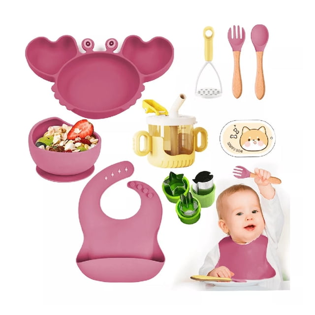 Juego De Cubiertos Alimentación Platos De Silicona Para Bebé Rosa cangrejo
