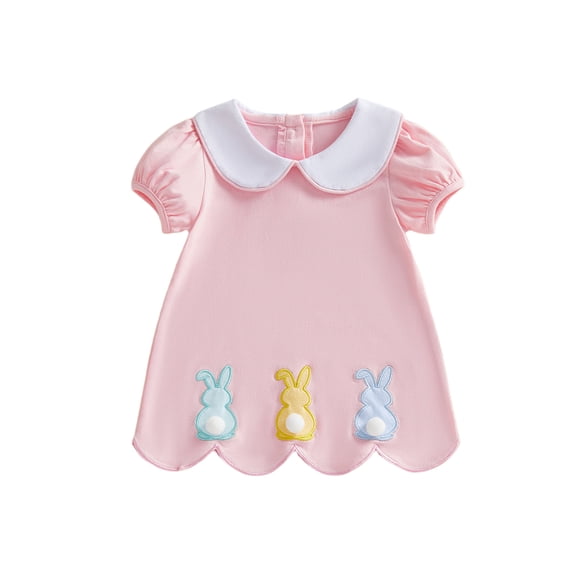 Infant Toddler Baby Girl Easter Dress Puff Short Sleeve Doll Collar Rabbit Embroidery Plush Ball Decor A Line Dress Summer Clothes 6M-4T
